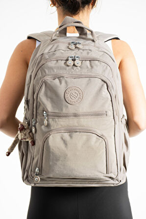 Unisex Suya Dayanıklı Vizon Renkli Krinkıl Kumaş Çok Gözlü Orta Boy Laptop Okul Ve Sırt Çantası