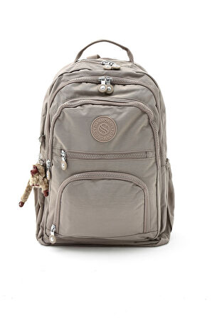 Unisex Suya Dayanıklı Vizon Renkli Krinkıl Kumaş Çok Gözlü Orta Boy Laptop Okul Ve Sırt Çantası