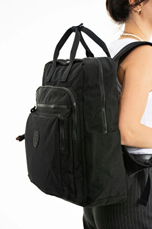 Unisex Suya Dayanıklı Krinkıl Kumaş Çok Gözlü Büyük Boy Siyah Renkli Laptop Okul Ve Sırt Çantası
