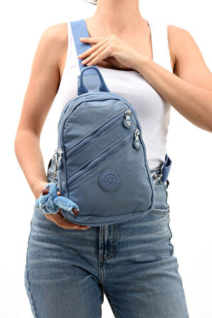 Unisex Kırinkıl Kumaş Mavi Renkli Suya Dayanıklı Çok Bölmeli Omuz Çantası Body Bag
