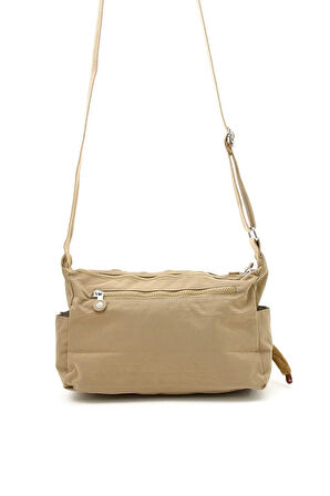 Kadın Orta Boy Bölmeli Bej Renkli Suya Dayanıklı Krinkıl Kumaş Çapraz Askılı Omuz Çantası