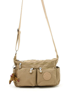 Kadın Orta Boy Bölmeli Bej Renkli Suya Dayanıklı Krinkıl Kumaş Çapraz Askılı Omuz Çantası