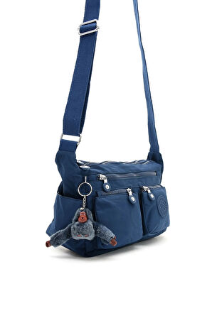 Kadın Orta Boy Bölmeli Lacivert Renkli Krinkıl Kumaş Ayarlanabilir Çapraz Askılı Omuz Çantası