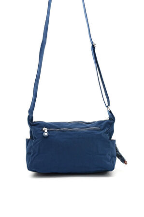 Kadın Orta Boy Bölmeli Lacivert Renkli Krinkıl Kumaş Ayarlanabilir Çapraz Askılı Omuz Çantası