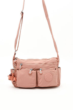 Kadın Orta Boy Bölmeli Pembe Renkli Suya Dayanıklı Krinkıl Kumaş Çapraz Askılı Omuz Çantası