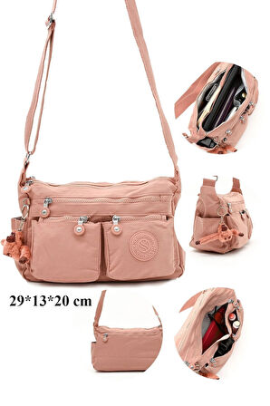Kadın Orta Boy Bölmeli Pembe Renkli Suya Dayanıklı Krinkıl Kumaş Çapraz Askılı Omuz Çantası