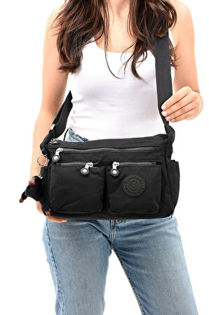 Kadın Orta Boy Bölmeli Siyah Renkli Suya Dayanıklı Krinkıl Kumaş Çapraz Askılı Omuz Çantası