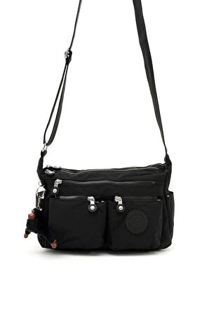 Kadın Orta Boy Bölmeli Siyah Renkli Suya Dayanıklı Krinkıl Kumaş Çapraz Askılı Omuz Çantası