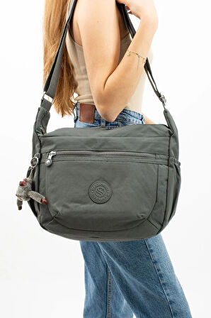 Unısex Suya Dayanıklı Koyu Gri Renkli Krinkıl Kumaş Çok Gözlü Çapraz Okul Seyahat Ve Omuz Çantası