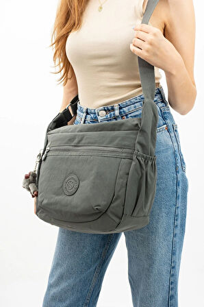 Unısex Suya Dayanıklı Koyu Gri Renkli Krinkıl Kumaş Çok Gözlü Çapraz Okul Seyahat Ve Omuz Çantası