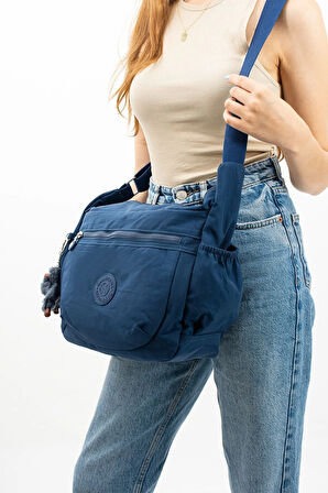 Unısex Suya Dayanıklı Lacivert Renkli Krinkıl Kumaş Çapraz Günlük Okul Seyahat Ve Omuz Çantası