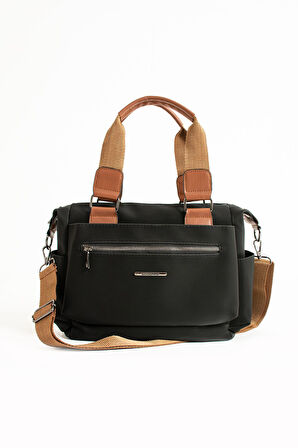 Kadın Suni Deri Çok Gözlü Kullanışlı Ayarlanabilir Çapraz Askılı Siyaha Taba  Omuz Çantası