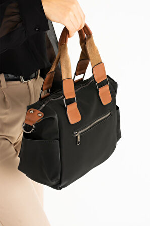 Kadın Suni Deri Çok Gözlü Kullanışlı Ayarlanabilir Çapraz Askılı Siyaha Taba  Omuz Çantası