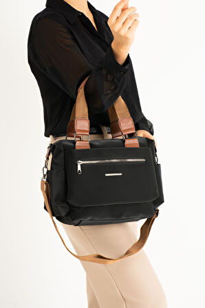 Kadın Suni Deri Çok Gözlü Kullanışlı Ayarlanabilir Çapraz Askılı Siyaha Taba  Omuz Çantası