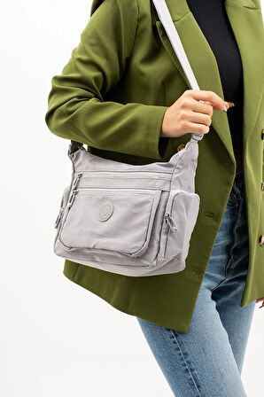 Kadın Çok Gözlü Suya Dayanıklı Paraşüt Kumaş Gri Renkli Ayarlanabilir Çapraz Askılı Omuz Çantası