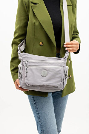 Kadın Çok Gözlü Suya Dayanıklı Paraşüt Kumaş Gri Renkli Ayarlanabilir Çapraz Askılı Omuz Çantası