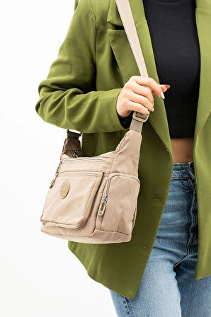 Kadın Çok Gözlü Suya Dayanıklı Paraşüt Kumaş Kum Renkli Ayarlanabilir Çapraz Askılı Omuz Çantası