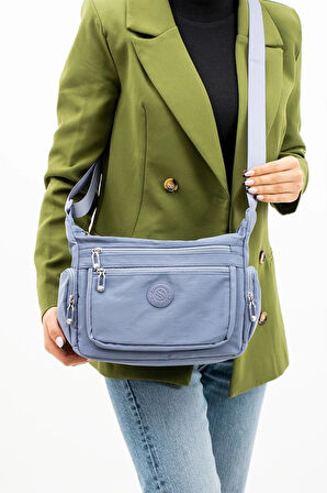 Kadın Çok Gözlü Suya Dayanıklı Paraşüt Kumaş Mavi Renkli Ayarlanabilir Çapraz Askılı Omuz Çantası