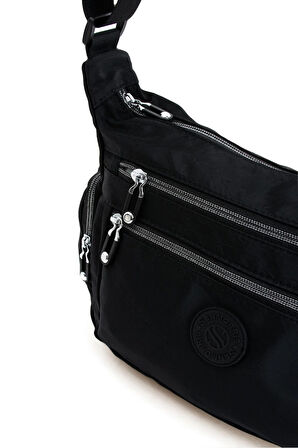 Kadın Çok Gözlü Suya Dayanıklı Paraşüt Kumaş Siyah Renkli Ayarlanabilir Çapraz Askılı Omuz Çantası