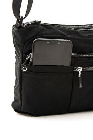 Kadın Çok Gözlü Suya Dayanıklı Paraşüt Kumaş Siyah Renkli Ayarlanabilir Çapraz Askılı Omuz Çantası