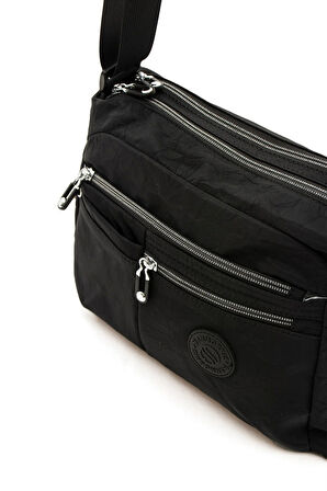 Kadın Çok Gözlü Suya Dayanıklı Paraşüt Kumaş Siyah Renkli Ayarlanabilir Çapraz Askılı Omuz Çantası