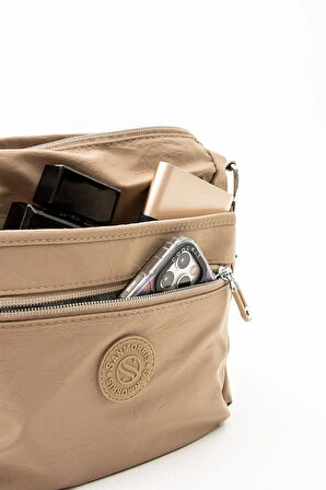 Kadın Çok Gözlü Suya Dayanıklı Paraşüt Kumaş Kum Renkli Ayarlanabilir Çapraz Askılı Omuz Çantası