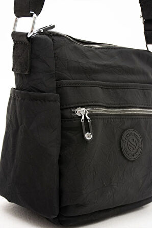 Kadın Çok Gözlü Suya Dayanıklı Paraşüt Kumaş Siyah Renkli Ayarlanabilir Çapraz Askılı Omuz Çantası