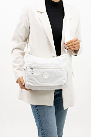 Kadın Çok Gözlü Suya Dayanıklı Paraşüt Kumaş Ayarlanabilir Çapraz Askılı Beyaz Omuz Çantası