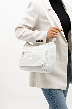 Kadın Çok Gözlü Suya Dayanıklı Paraşüt Kumaş Ayarlanabilir Çapraz Askılı Beyaz Omuz Çantası