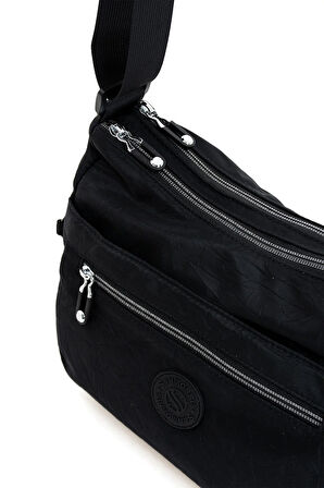 Kadın Çok Gözlü Suya Dayanıklı Paraşüt Kumaş Siyah Renkli Çapraz Askılı Omuz Çantası