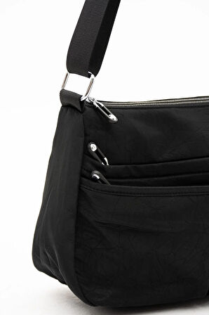 Kadın Suya Dayanıklı Paraşüt Kumaş 5 Gözlü Siyah Renkli Çapraz Askılı El Ve Omuz Çantası