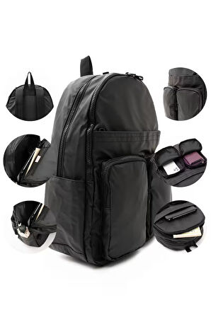 Siyah Unisex Laptop Bölmeli Suya Dayanıklı Krinkıl Kumaş Fonksiyonel Sırt Çantası