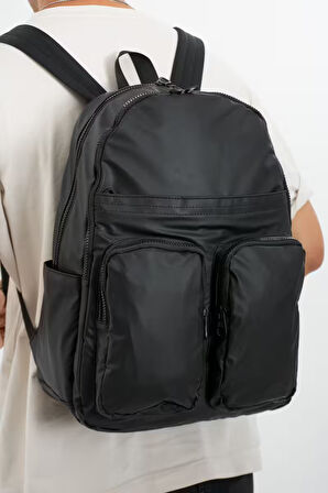 Siyah Unisex Laptop Bölmeli Suya Dayanıklı Krinkıl Kumaş Fonksiyonel Sırt Çantası