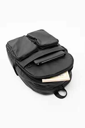 Siyah Unisex Laptop Bölmeli Suya Dayanıklı Krinkıl Kumaş Fonksiyonel Sırt Çantası