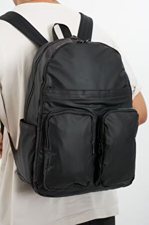 Siyah Erkek Laptop Bölmeli Suya Dayanıklı Krinkıl Kumaş Fonksiyonel Sırt Çantası