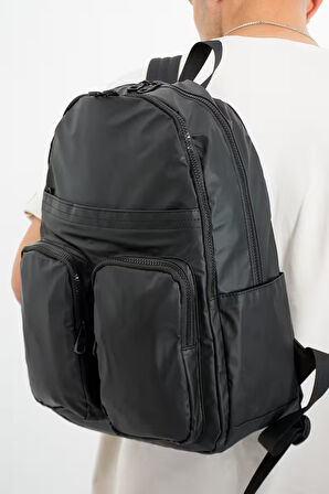 Siyah Erkek Laptop Bölmeli Suya Dayanıklı Krinkıl Kumaş Fonksiyonel Sırt Çantası