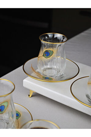 12 Parça 6 Kişilik Lüx Cam Çay Seti Gold Detaylı Altın Renk İşlemeli Lüks Çay Takımı