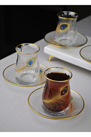 12 Parça 6 Kişilik Lüx Cam Çay Seti Gold Detaylı Altın Renk İşlemeli Lüks Çay Takımı