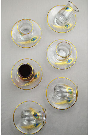 12 Parça 6 Kişilik Lüx Cam Çay Seti Gold Detaylı Altın Renk İşlemeli Lüks Çay Takımı