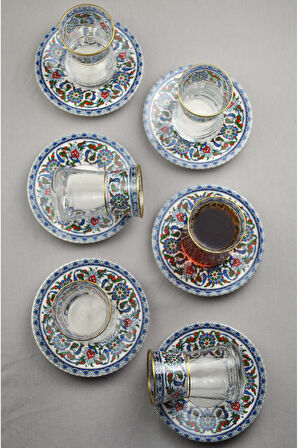 12 Parça 6 Kişilik Lüx Cam Çay Seti Gold Detaylı Altın Renk İşlemeli Lüks Çay Takımı