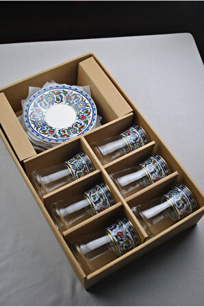 12 Parça 6 Kişilik Lüx Cam Çay Seti Gold Detaylı Altın Renk İşlemeli Lüks Çay Takımı