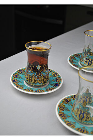 12 Parça 6 Kişilik Lüx Cam Çay Seti Gold Detaylı Altın Renk İşlemeli Lüks Çay Takımı