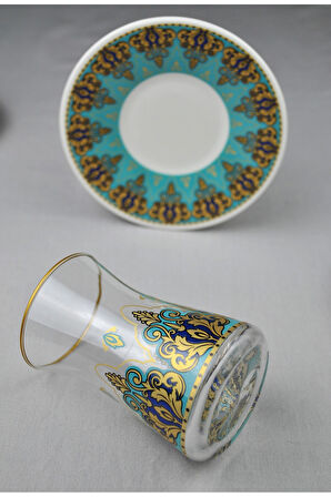 12 Parça 6 Kişilik Lüx Cam Çay Seti Gold Detaylı Altın Renk İşlemeli Lüks Çay Takımı