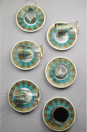 12 Parça 6 Kişilik Lüx Cam Çay Seti Gold Detaylı Altın Renk İşlemeli Lüks Çay Takımı