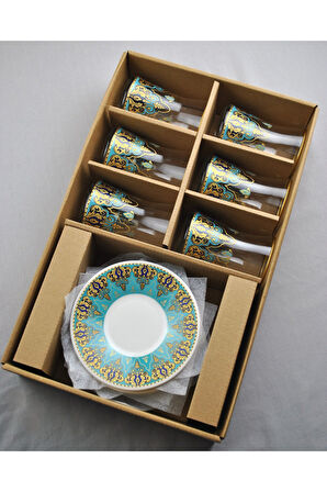 12 Parça 6 Kişilik Lüx Cam Çay Seti Gold Detaylı Altın Renk İşlemeli Lüks Çay Takımı