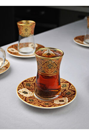 12 Parça 6 Kişilik Lüx Cam Çay Seti Gold Detaylı Altın Renk İşlemeli Lüks Çay Takımı