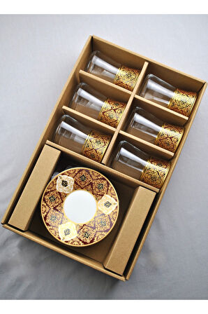 12 Parça 6 Kişilik Lüx Cam Çay Seti Gold Detaylı Altın Renk İşlemeli Lüks Çay Takımı