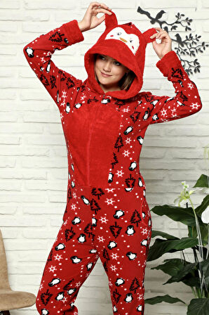 Fermuar Detaylı Kışlık Welsoft Polar Kadın Tulum Pijama Takımı