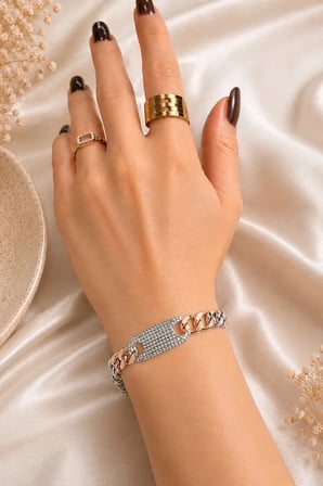 Sertifikalı 316L Çelik Rose Altın & Beyaz Altın Çift Renk Premium Zirkon Taşlı Plakalı Küba Zincir Kadın Bileklik