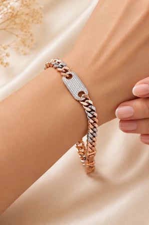 Sertifikalı 316L Çelik Rose Altın & Beyaz Altın Çift Renk Premium Zirkon Taşlı Plakalı Küba Zincir Kadın Bileklik